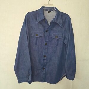 Vtg MANN‎ Denim Western Shirt Long Sleeve Button Up Blue Workwear Men Size M